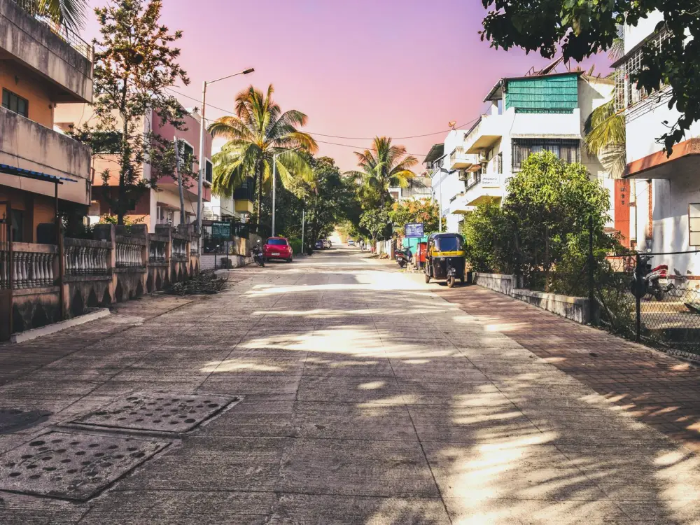 Residential street with parked vehicles